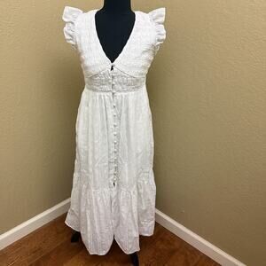 By Anthropologie White Smocked Midi Dress Flutter Sleeve Button Front XSP